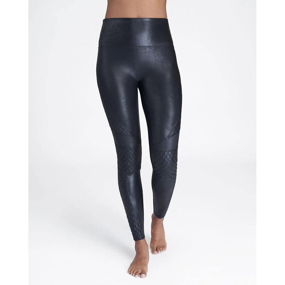 EUC! SPANX Quilted Faux Leather Shiny Moto Skinny Leggings Black Women's Sz S